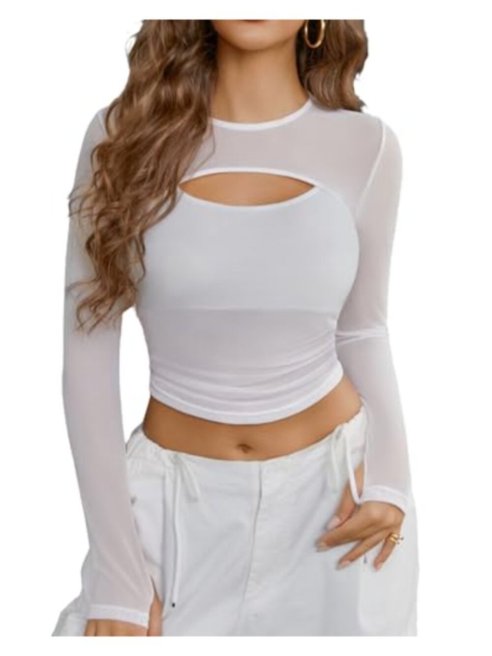 Sheer Mesh Long Sleeve Crop Top with Thumb Holes Clubwear Cutout Tee